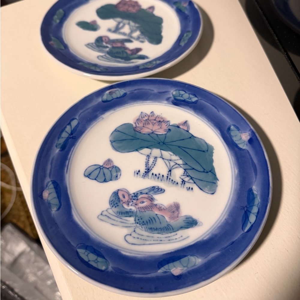 Blue and Green Lotus & Duck Chinese Decorative Plates (Set of 2)